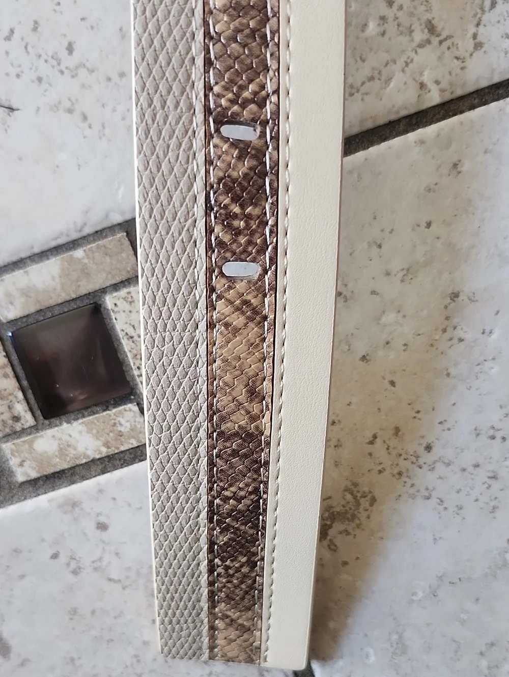NWT Anne Klein Beige Faux Leather Belt with Gold Buckle and Snake-Print Inlay